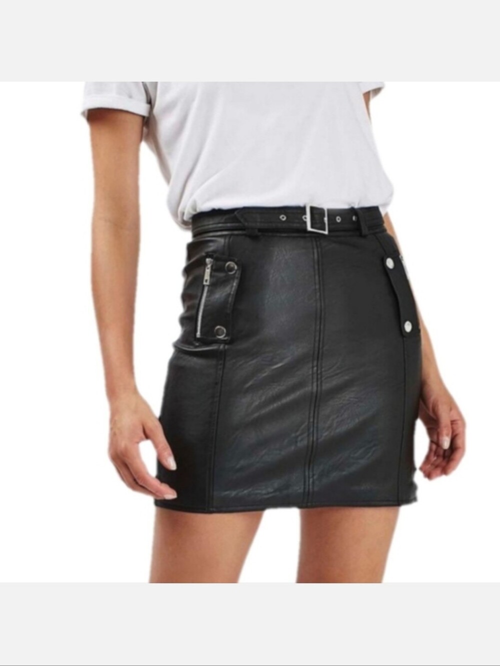 Topshop Faux Leather Black Belted Moto Mini Biker Skirt w Silver Hardware Size 4